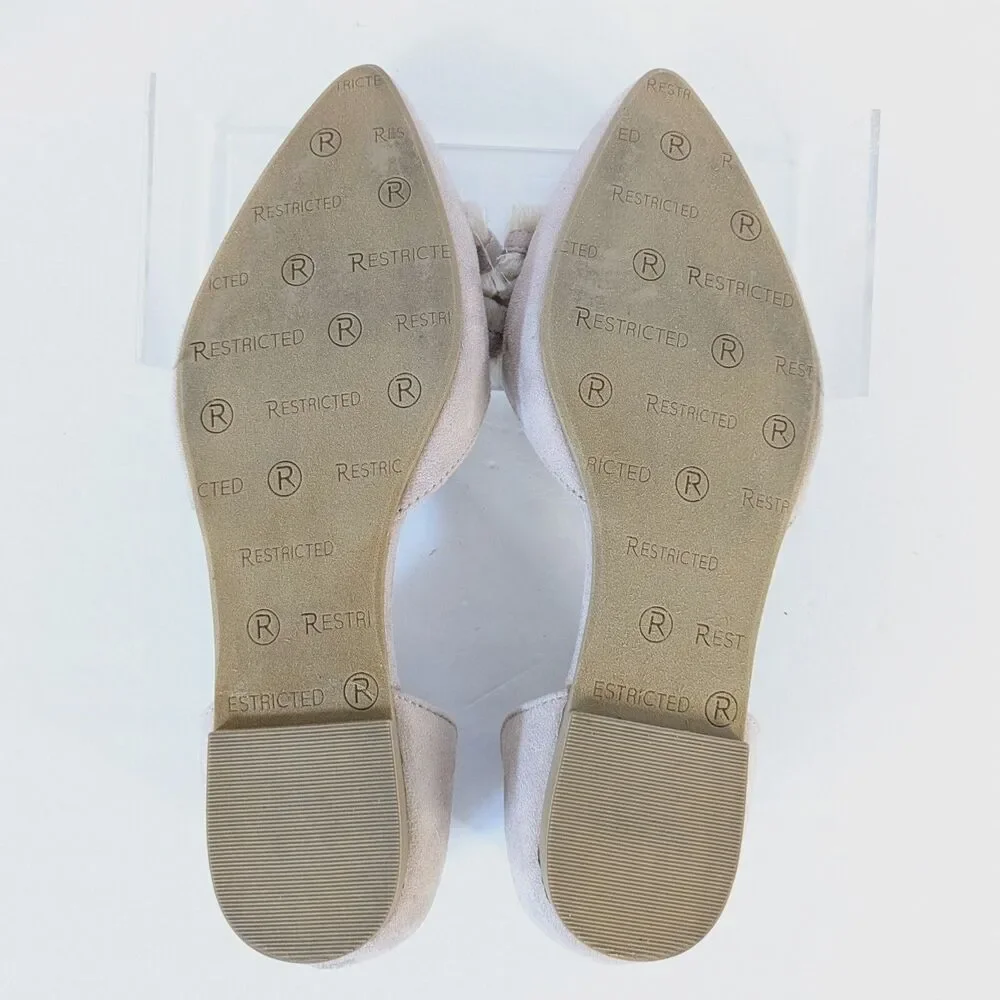 Restricted Flats 8.5 Taupe Faux Suede Pointed Toe Ribbon Fringe Shoes Boho - Picture 10 of 12